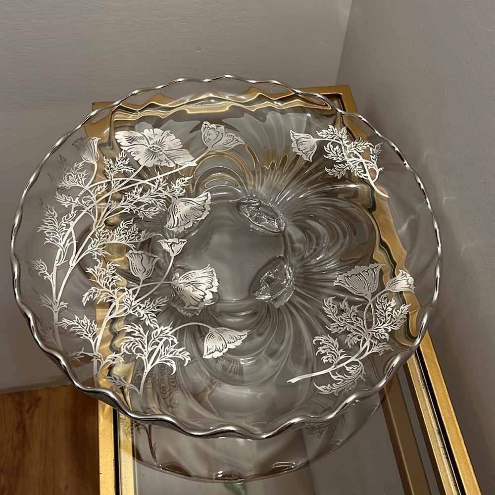 Vintage Glass Flanders Silver Overlay Poppy Footed Platter
